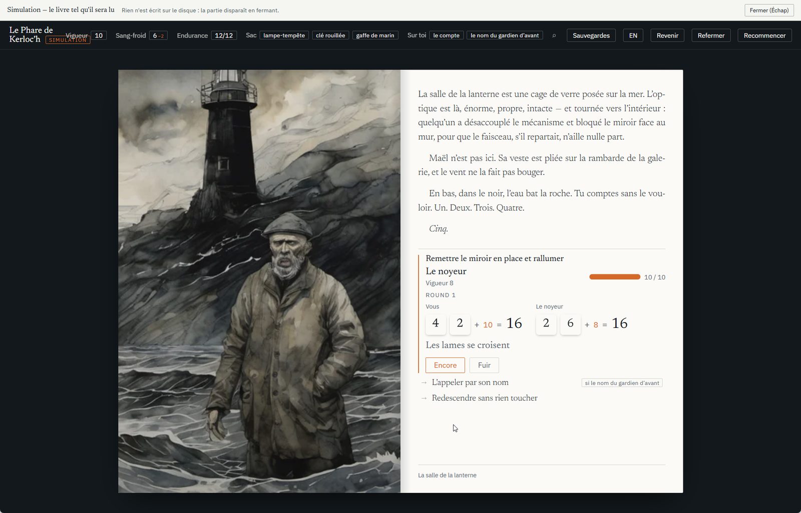Une double page en lecture : à gauche un vieux marin devant un phare, à droite le texte et un combat contre le noyeur avec les dés.