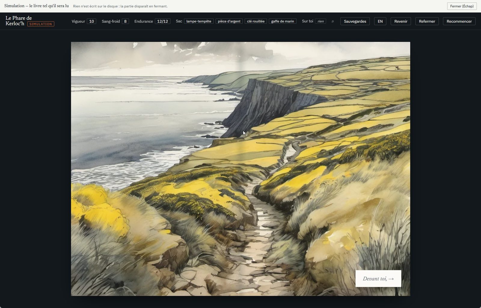 Une illustration pleine page dans le livre exporté : un sentier de lande vers la falaise.